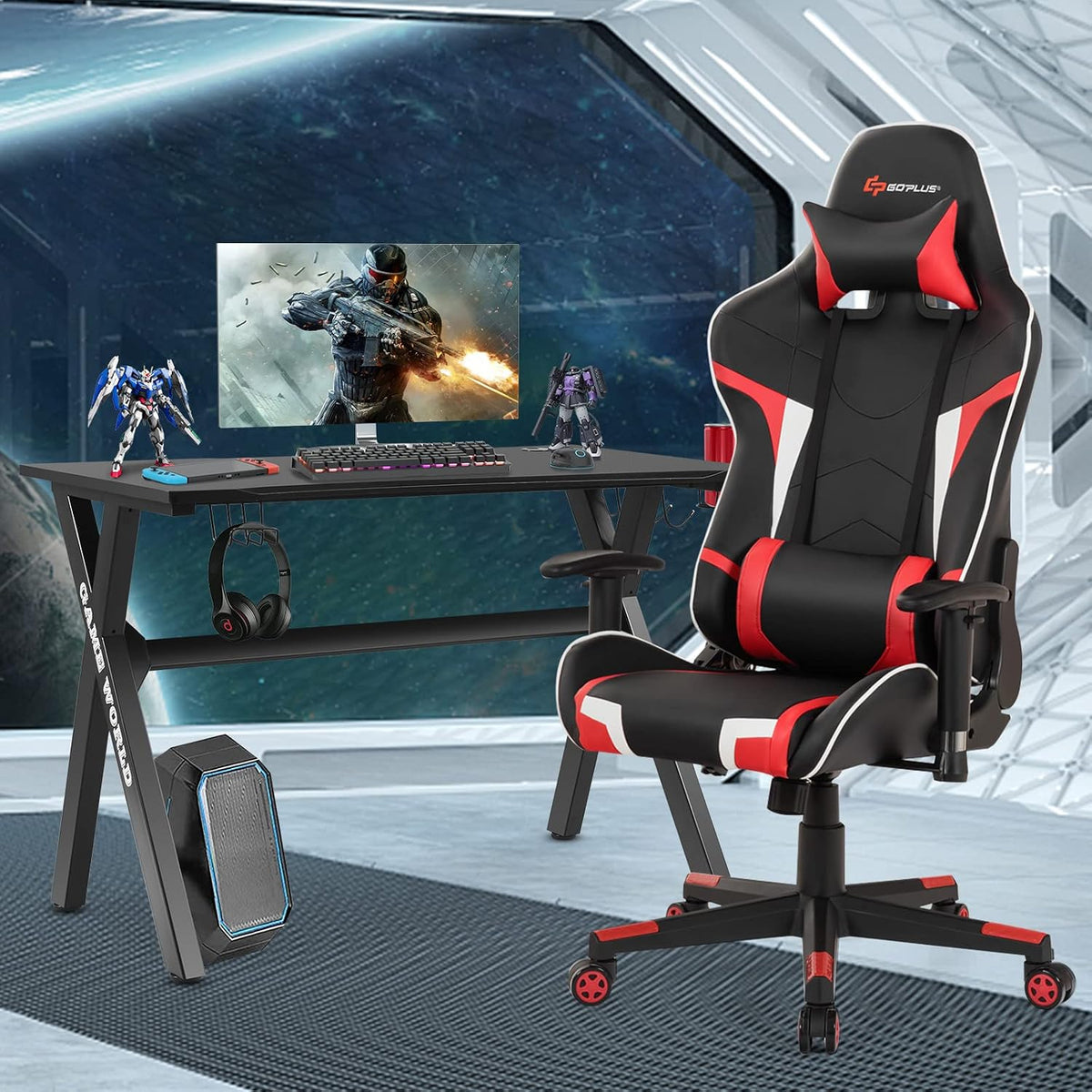 Goplus Gaming Desk & Chair Combo Set, Racing Style X Shaped E-Sport Gamer Desk & PVC Computer Chair w/Cup & Headphone Holder, Mouse Pad, Headrest & Massage Lumbar Support for Home Office (Red)