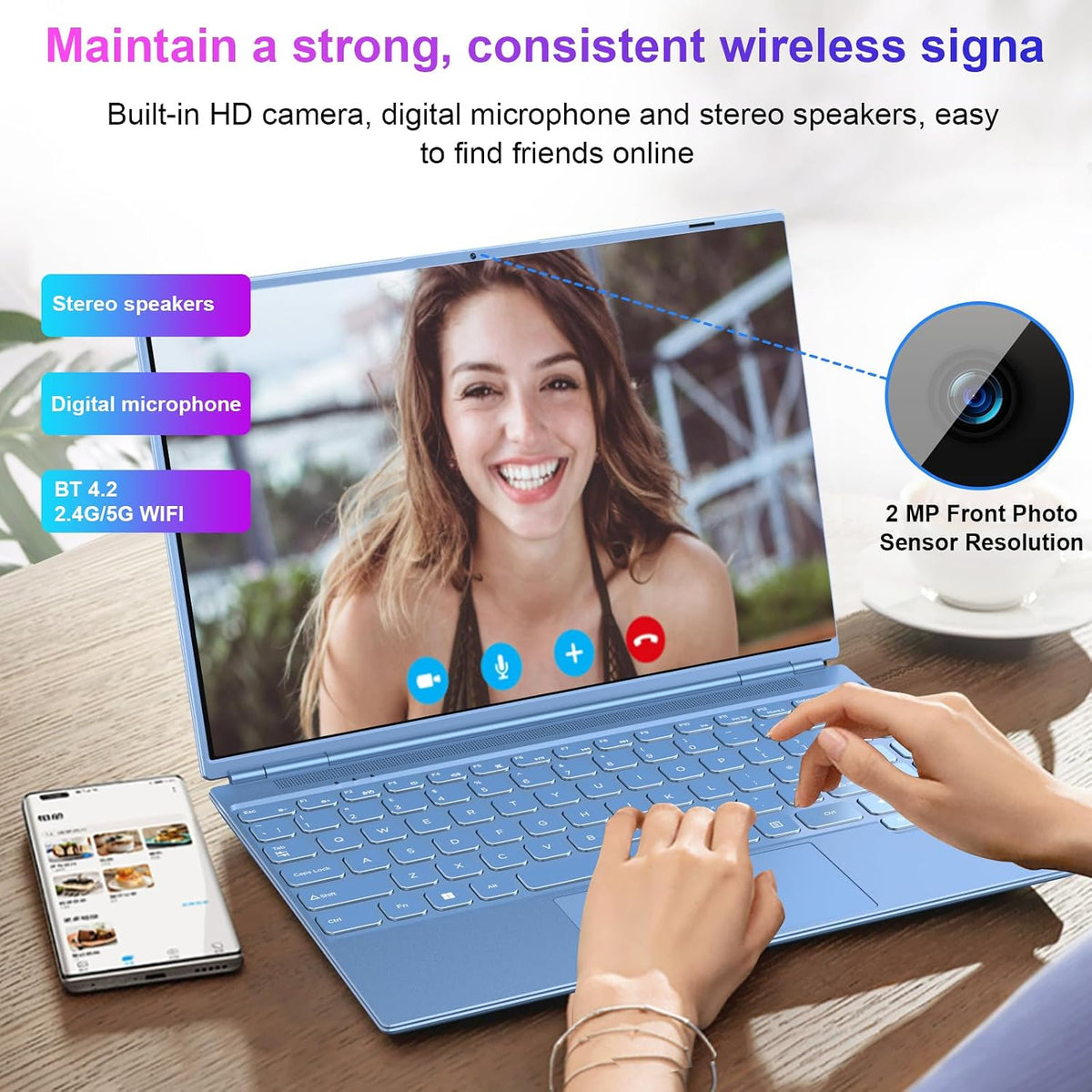 Laptop 14 Inch Celeron N5095 Up to 2.9Ghz, Win 11 Laptop with 8+256GB SSD Extension 1TB, Notebook Support 5G WiFi丨Bluetooth 4.2丨Cooling Fan丨1920*1200丨Mouse and Keyboard Protector-Blue