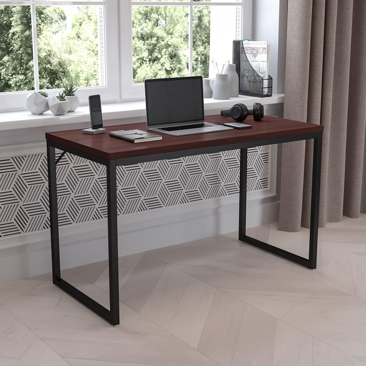 Flash Furniture Tiverton Industrial Modern Desk-Mahogany/Black Commercial Grade Computer Desk-47' Sturdy Home Office Desk-Writing Desk