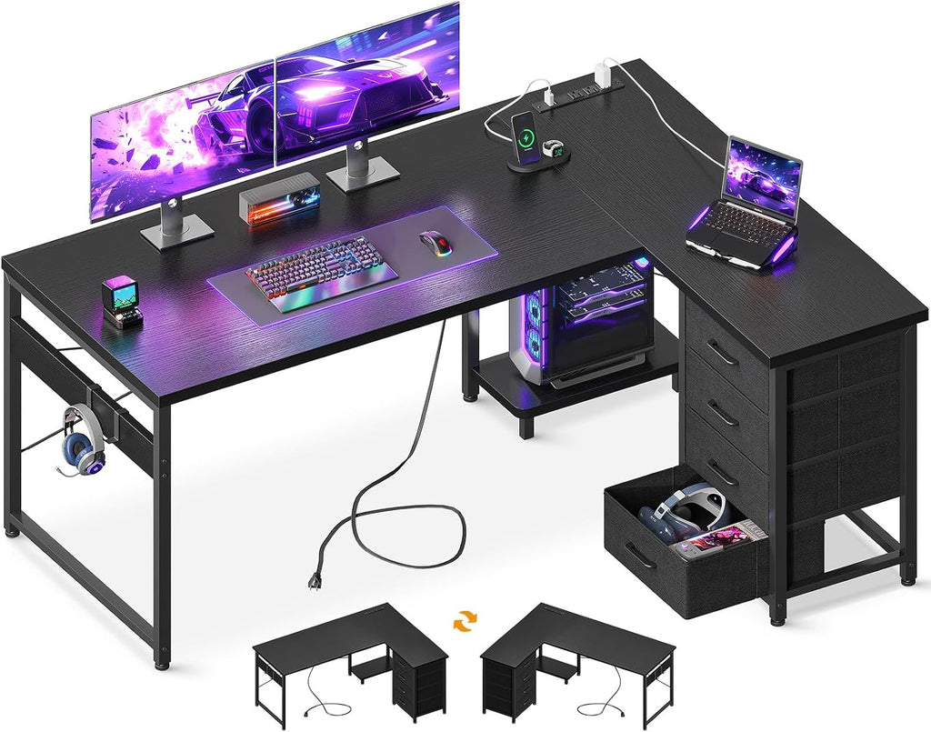 AODK L Shaped Gaming Desk with 4 Drawers, 53' Reversible Home Office Desks with Power Outlets, L Shaped Computer Desk with USB Charging Port and Host Stand, Corner Desk, Easy to Assemble, Black