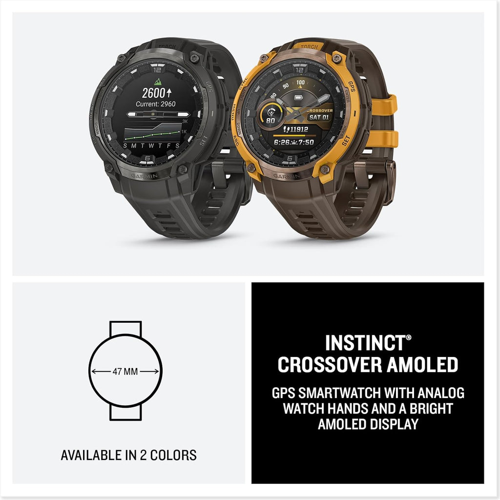 Garmin Instinct® Crossover AMOLED, Rugged Hybrid GPS Smartwatch with Analog Watch Hands and Bright AMOLED Display, Charcoal with Charcoal Silicone Band