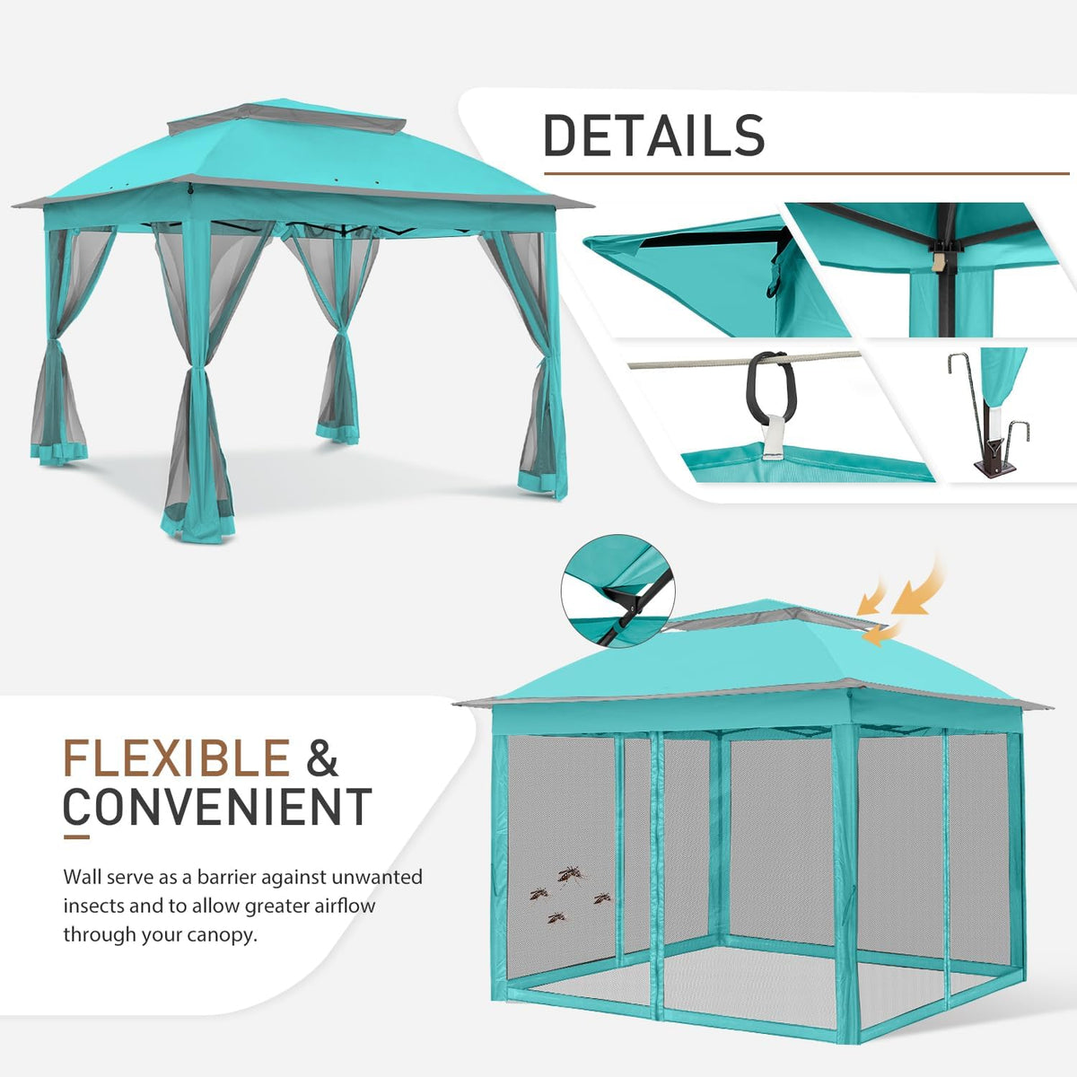 COOS BAY 11x11 Pop Up Gazebo with Mesh Netting, Instant Outdoor Canopy Tent, Water Resistant Shelter with UPF 50+ UV Protection, 121 Sq Ft Coverage, Aqua Blue