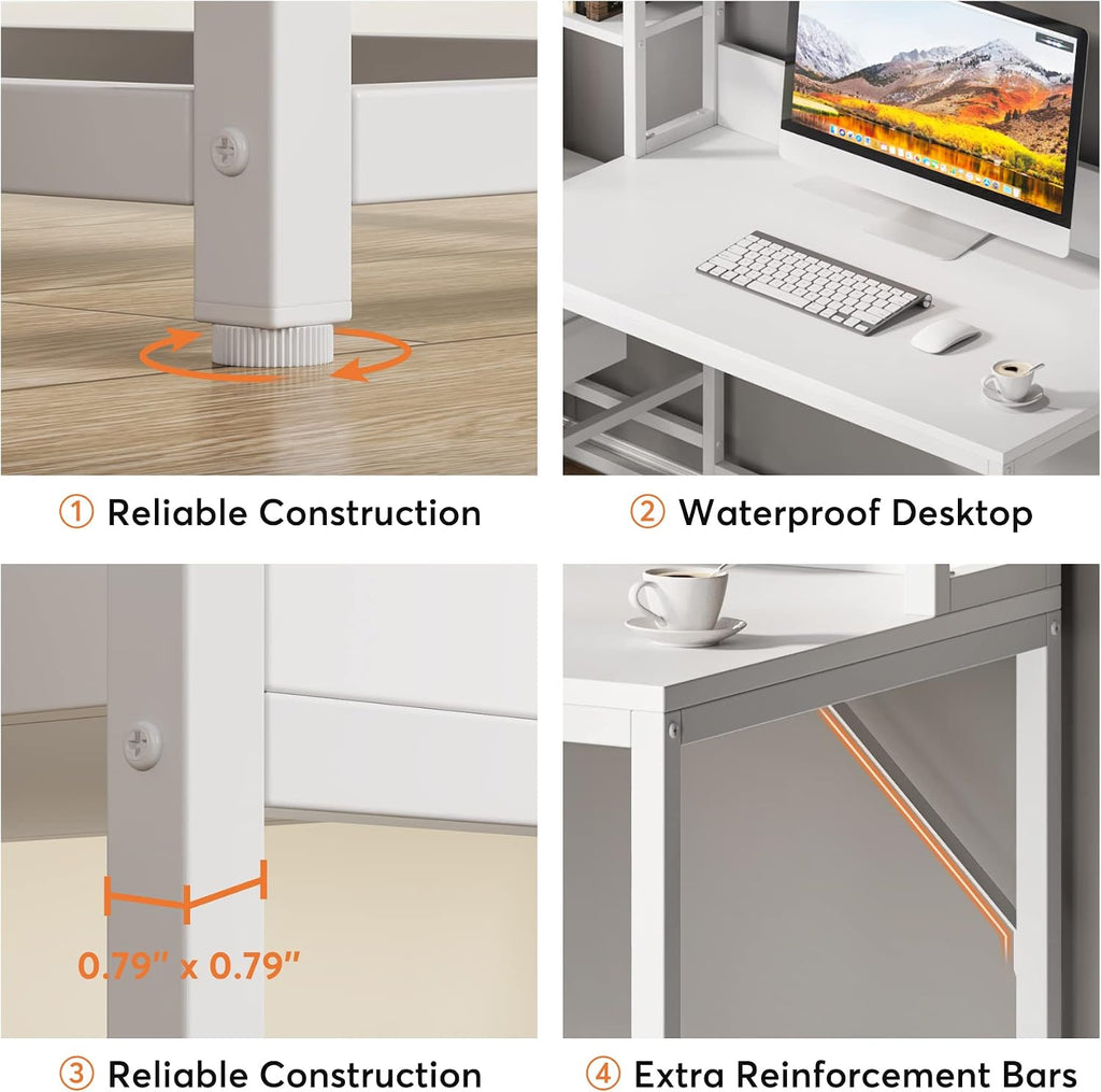 Tribesigns 55 Inch Computer Desk with 2 Drawers and Storage Shelves, Rustic Office Desk with Hutch, Study Writing Gaming Table Laptop Workstation for Home Office (White)