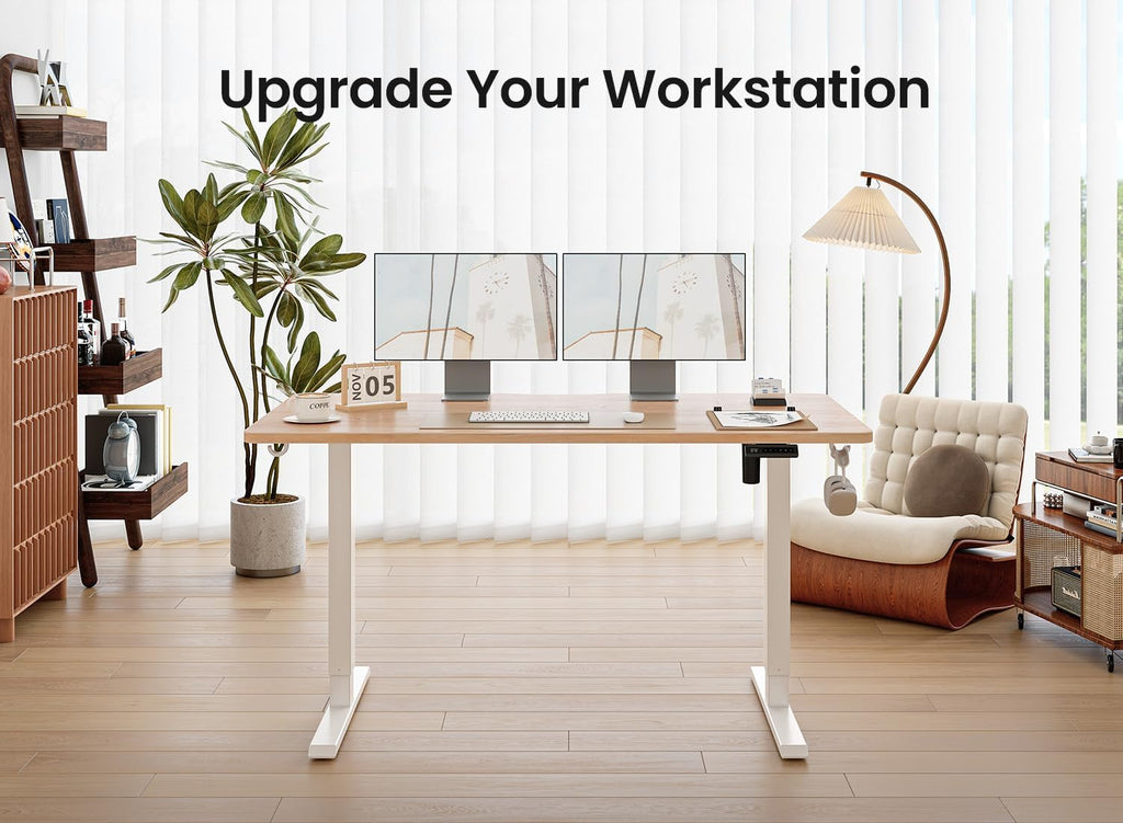 BANTI 40 × 24 Inches Standing Desk, Ergonomic, Electric Height Adjustable, Sit and Stand Up, Computer Office Desk with Splice Board, White Frame/Maple Top