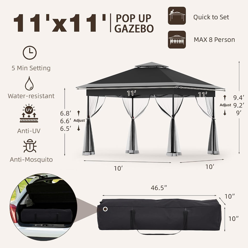 Bezseller 11x11 Pop Up Gazebo with Mosquito Netting – Easy 1-Person Setup, Water-Resistant Backyard Canopy for Family Patio & Garden Use, Black