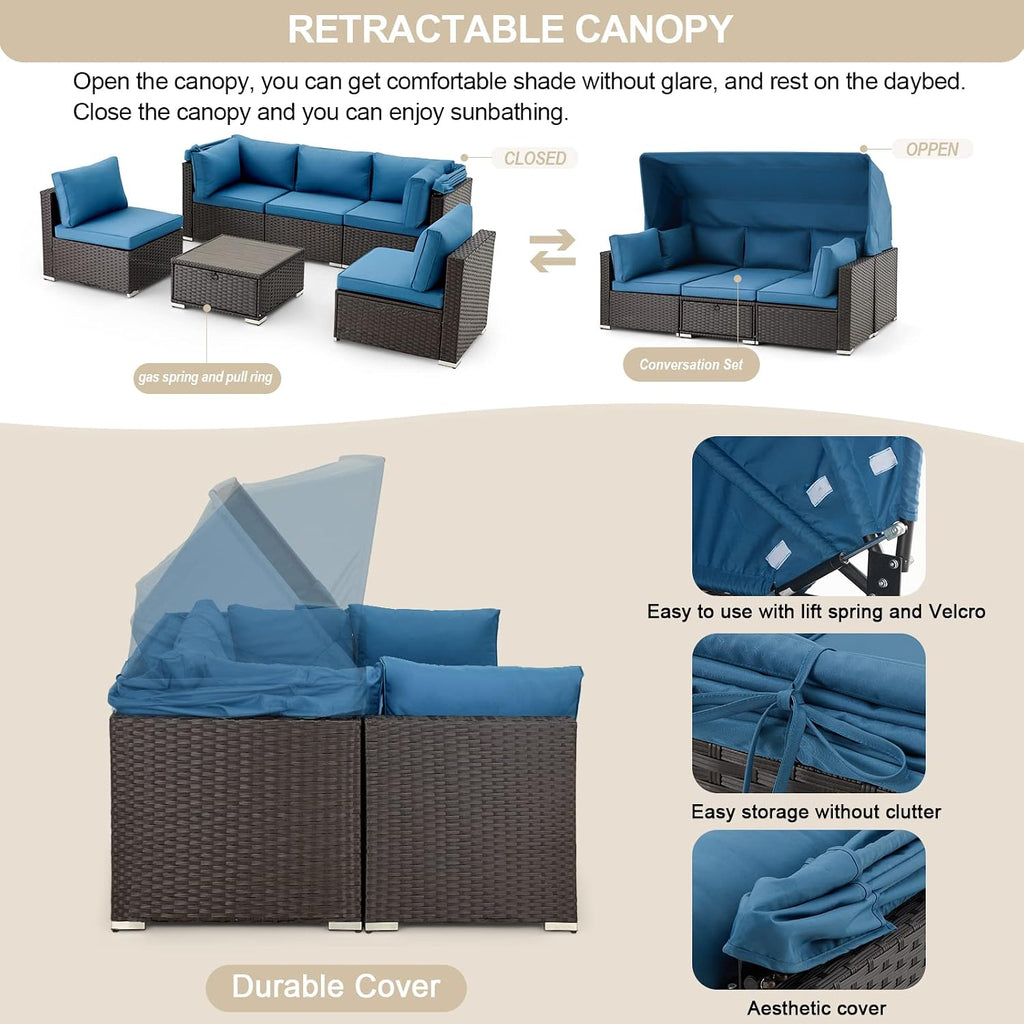 6 Pieces Patio Furniture Sets Outdoor Sectional Sofa Set Rattan Daybed with Retractable Canopy, Adjustable Backrest, Storable Tea Table Rectangle Sunbed for Backyard Garden Poolside(Blue)