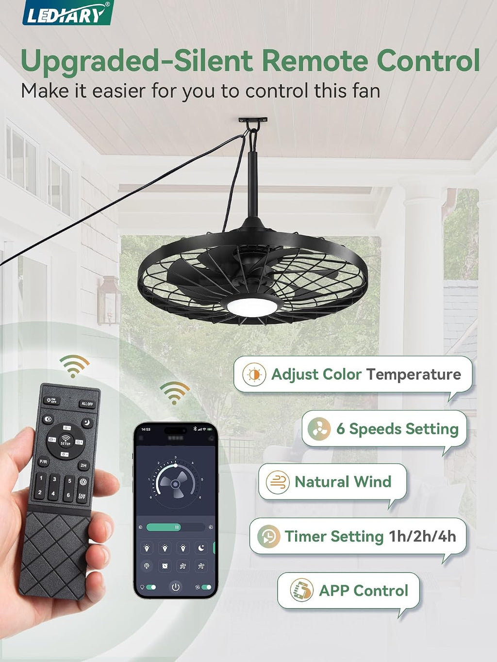 LEDIARY 24' Outdoor Ceiling Fan with Lights,IP65 Waterproof Gazebo Hanging Fan with Remote Control Smart App, Plug in Caged Ceiling Fan with 3CCT 6-Speeds for Patio Porch Pergola(Black)