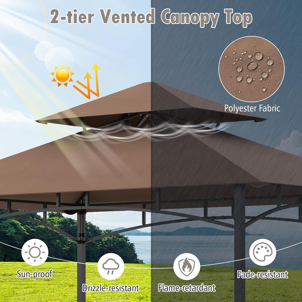 Tangkula 8x5 Ft Grill Gazebo, 2-Tier Barbecue Gazebo with 2 Shelves, 20 Hanging Hooks, Bottle Opener & Storage Basket, Outdoor Grill Canopy for Backyard Garden Poolside (Coffee)
