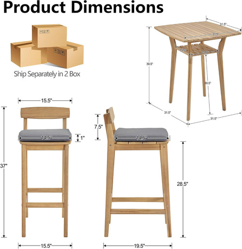 3 Piece Outdoor Patio Bar Set, Modern Patio Furniture Set, Acacia Counter Height Barstools, Bar Height Patio Set with Cushions, 28.5' Patio Bar Stools with Coffee Table for Balcony, Grey