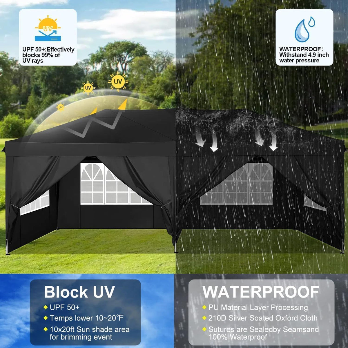 COBIZI Canopy 10x20 Pop Up Canopy with 6 Sidewalls,Waterproof Canopy Outdoor Event Shelter UPF 50+ Gazebo Portable Tents for Parties Beach Camping Wedding Commercial Instant Easy up Canopy 10x20,Black