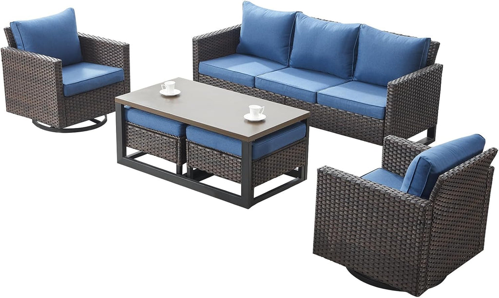Luxury Wicker Outdoor Patio Furniture Set - 6 Piece Patio Conversation Set with 2 Swivel Rocker Chairs,2 Rattan Ottoman,1 Couch and 1 Metal Coffee Table for Outside Porch Deck Backyard(Brown/Blue)
