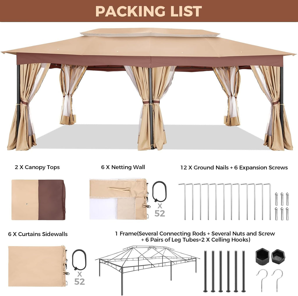 COBIZI 12x20 Outdoor Patio Gazebo, Double Roof Soft Top Canopy with Privacy Curtains and Mosquito Netting, Heavy Duty Steel Frame Shade Shelter for Backyard, Garden, Deck, Poolside - Khaki