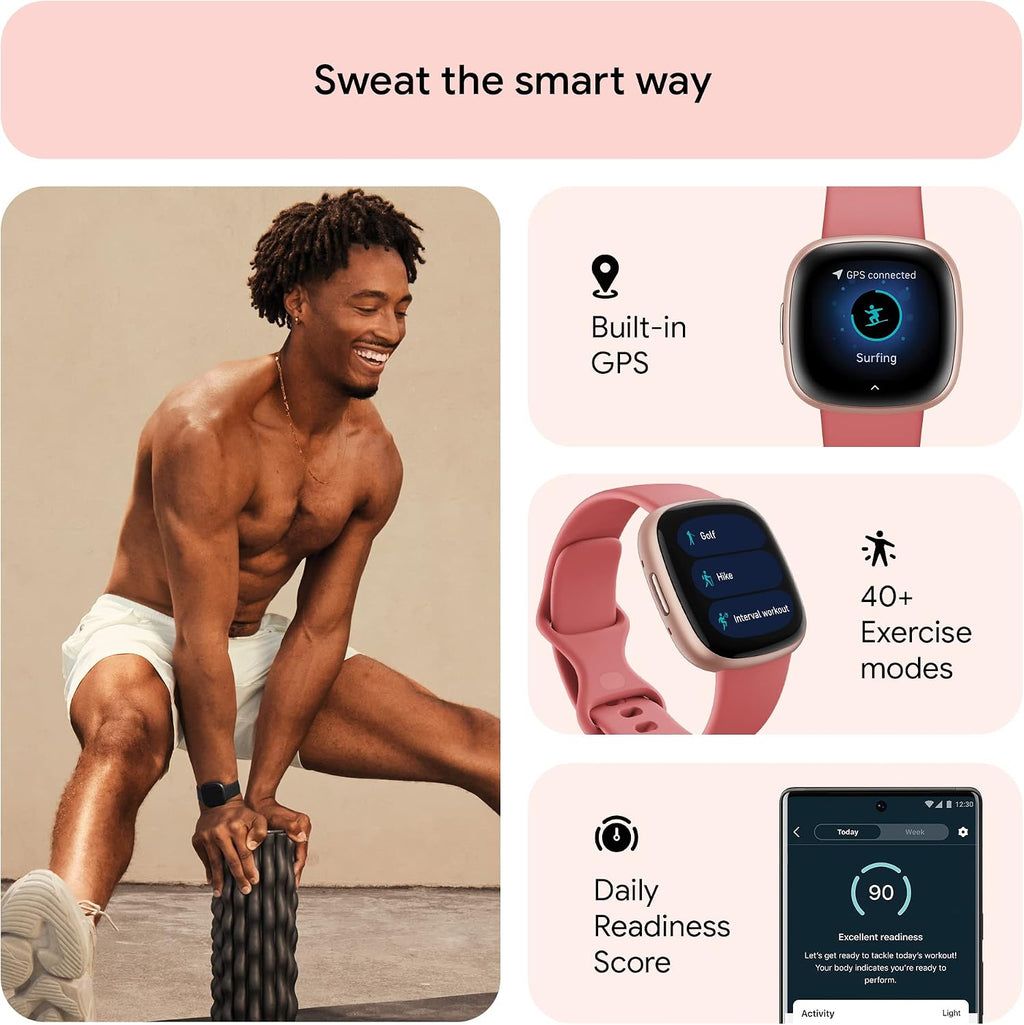 Fitbit Versa 4 Fitness Smartwatch with Daily Readiness, GPS, 24/7 Heart Rate, 40+ Exercise Modes, Sleep Tracking and more, Pink Sand/Copper Rose, One Size (S & L Bands Included)