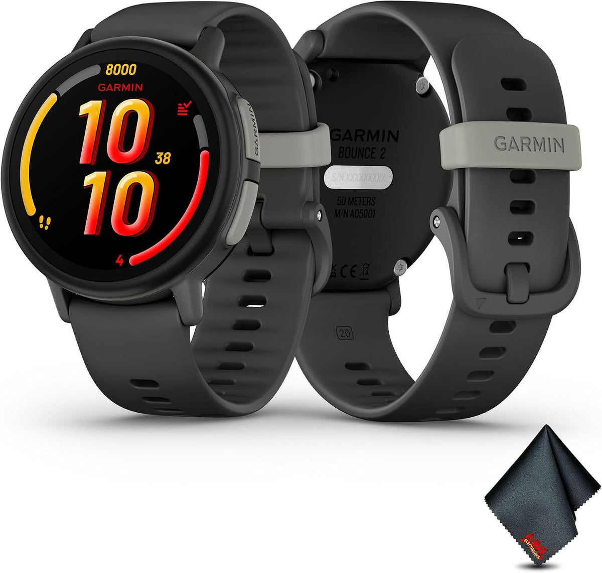 Garmin Bounce 2, Kids Smartwatch with Calling, Messaging and Location Tracking Features, Slate Gray Bundle with Microfiber Cleaning Cloth