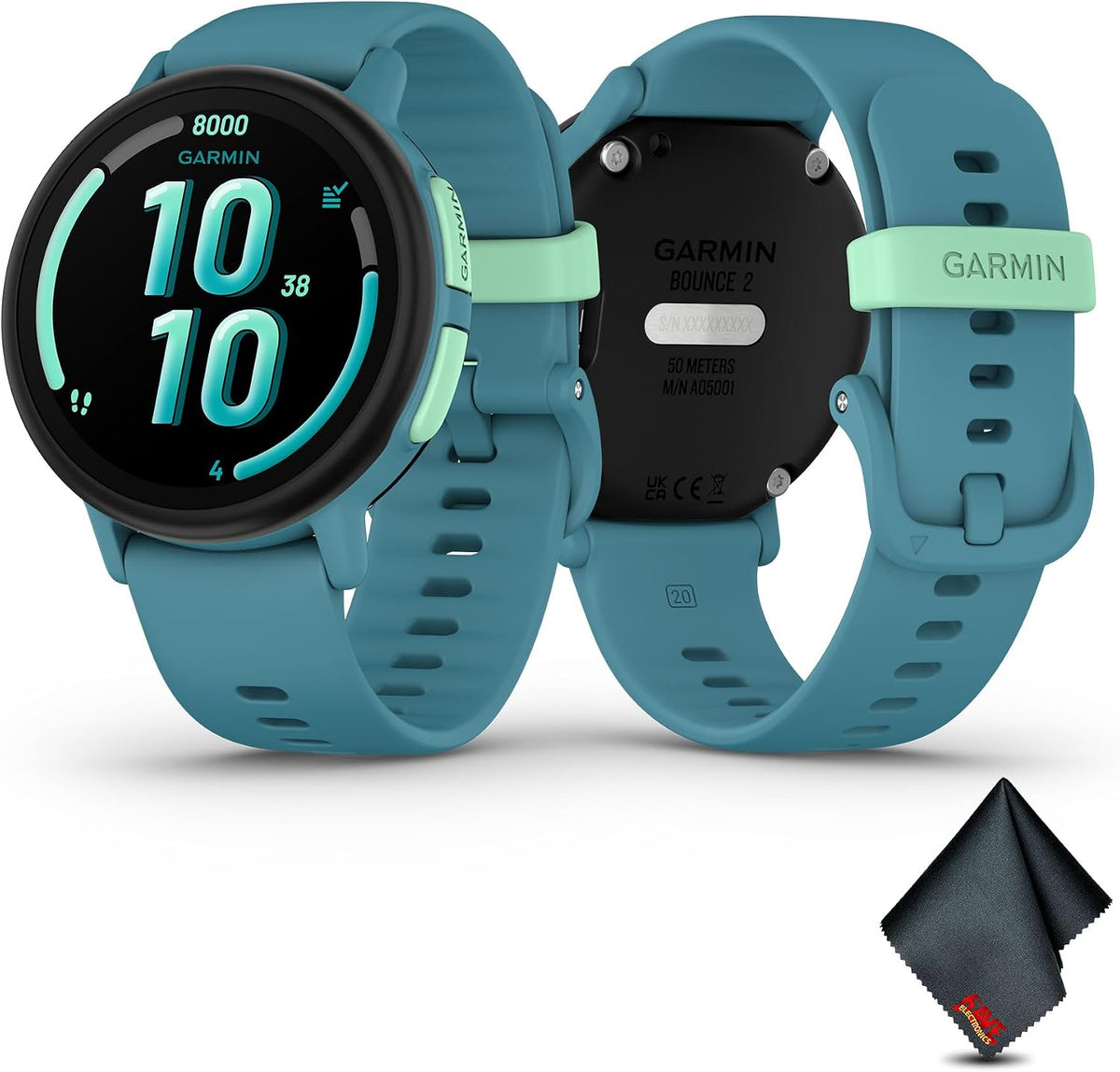 Garmin Bounce 2, Kids Smartwatch with Calling, Messaging and Location Tracking Features, Turquoise Bundle with Microfiber Cleaning Cloth