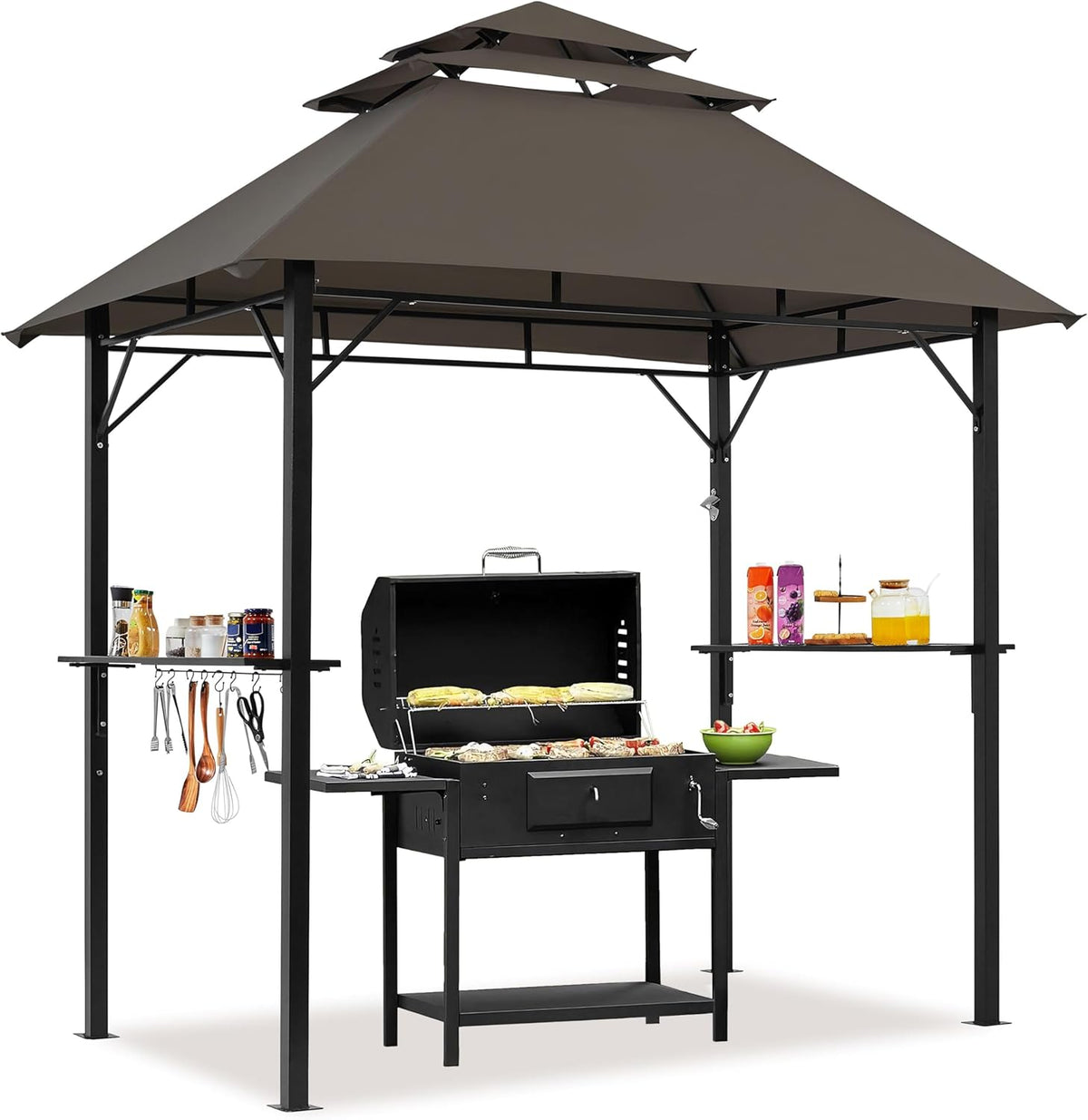 Yaheetech 8x5' Grill Gazebo, 3-Tier Outdoor BBQ Gazebo with Height-Adjustable Shelves & 10 S-Shaped Hooks & Built-in Bottle Opener, Brown