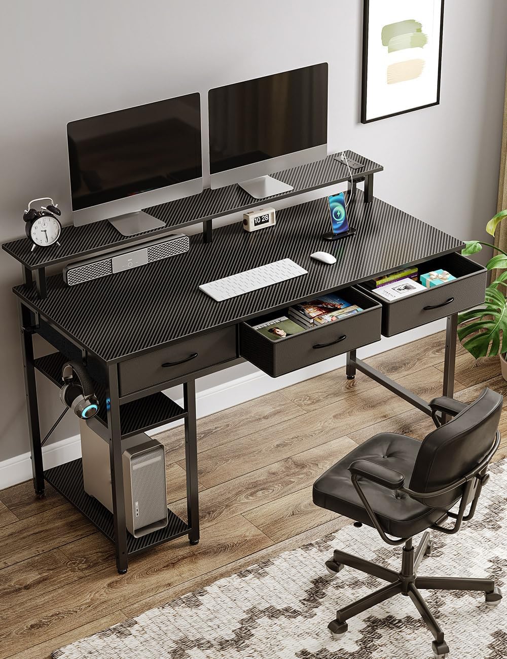 Rolanstar Computer Desk with Power Outlets & LED Light, 55 inch Home Office Desk with 3 Drawers and Storage Shelves, Writing Desk with Monitor Stand, Modern Work Desk for Home Office, Carbon Black