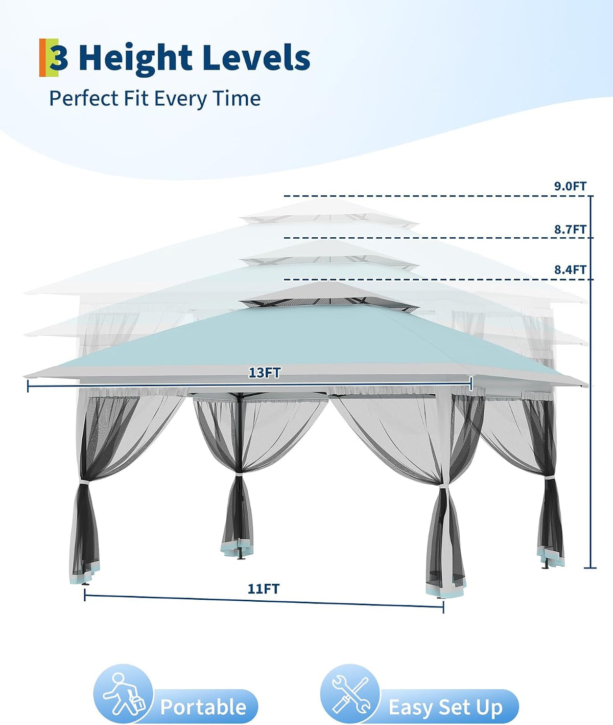 Canopy Tent 13x13 ft, Pop Up Gazebo One-Push Setup with 4 SandBags for Backyard Parties and BBQs, Mosquito Netting & Height Adjustable - Lake Blue