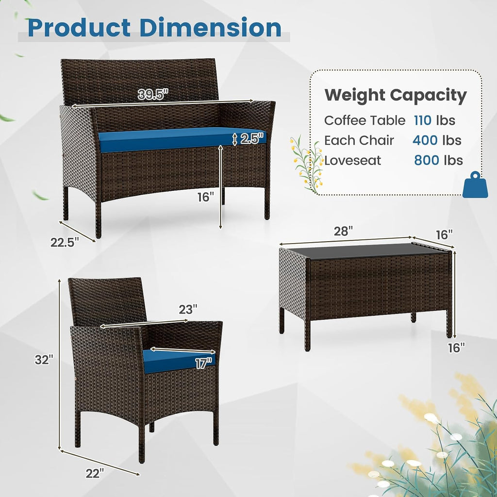 DORTALA Wicker Patio Furniture Set 4 Piece, Outdoor PE Rattan Table & Chairs Set with Tempered Glass Coffee Table, Loveseat, Cushions, Conversation Set for Balcony, Porch, Backyard, Deck, Peacock Blue