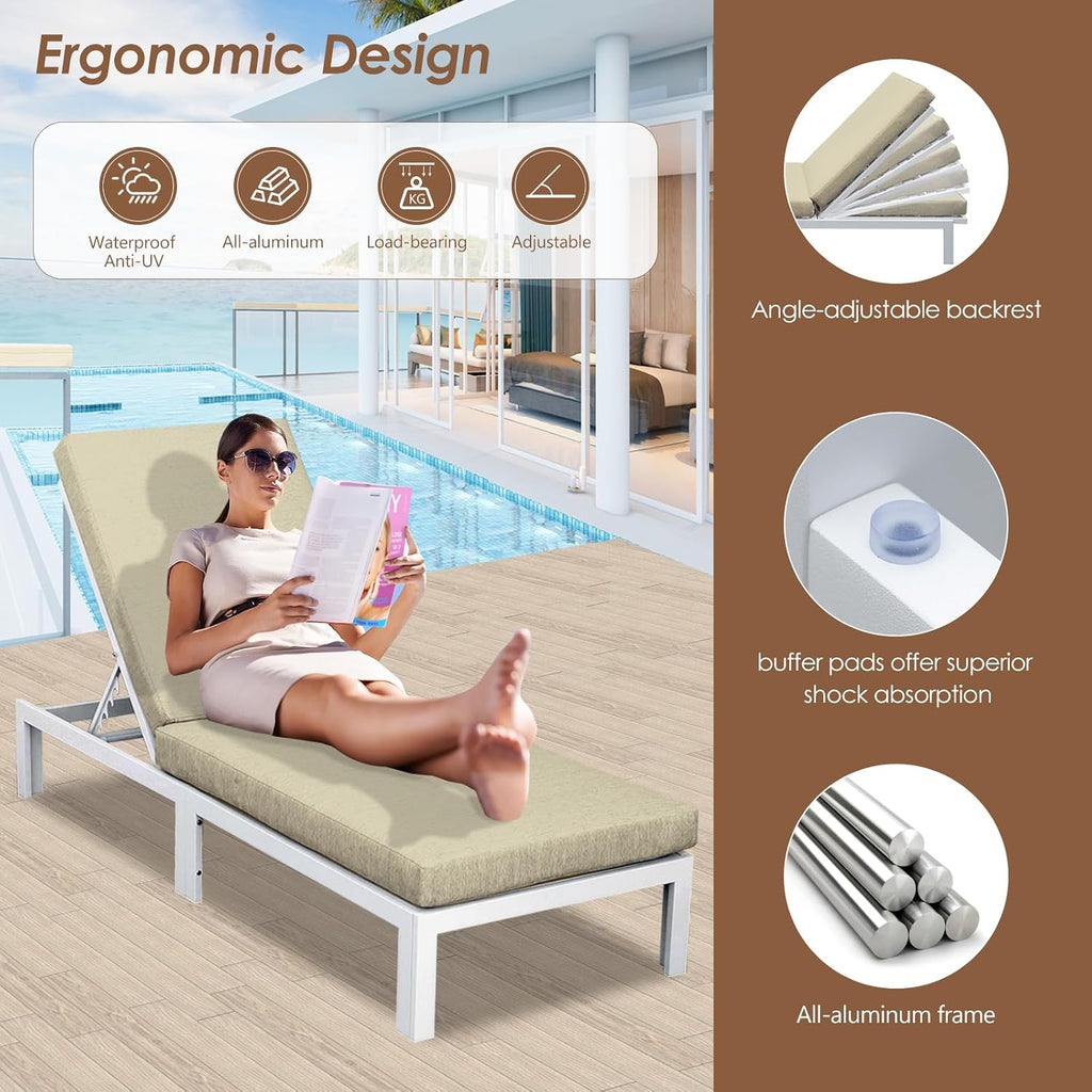 RADIATA 8 Piece Modern Aluminum Outdoor Patio Furniture Set with Lounger & Fire Pit Table, Extra Large All-Weather Modular Sectional Couch, 29' Wide Deep Seating Conversation Sofa for Poolside, Beige