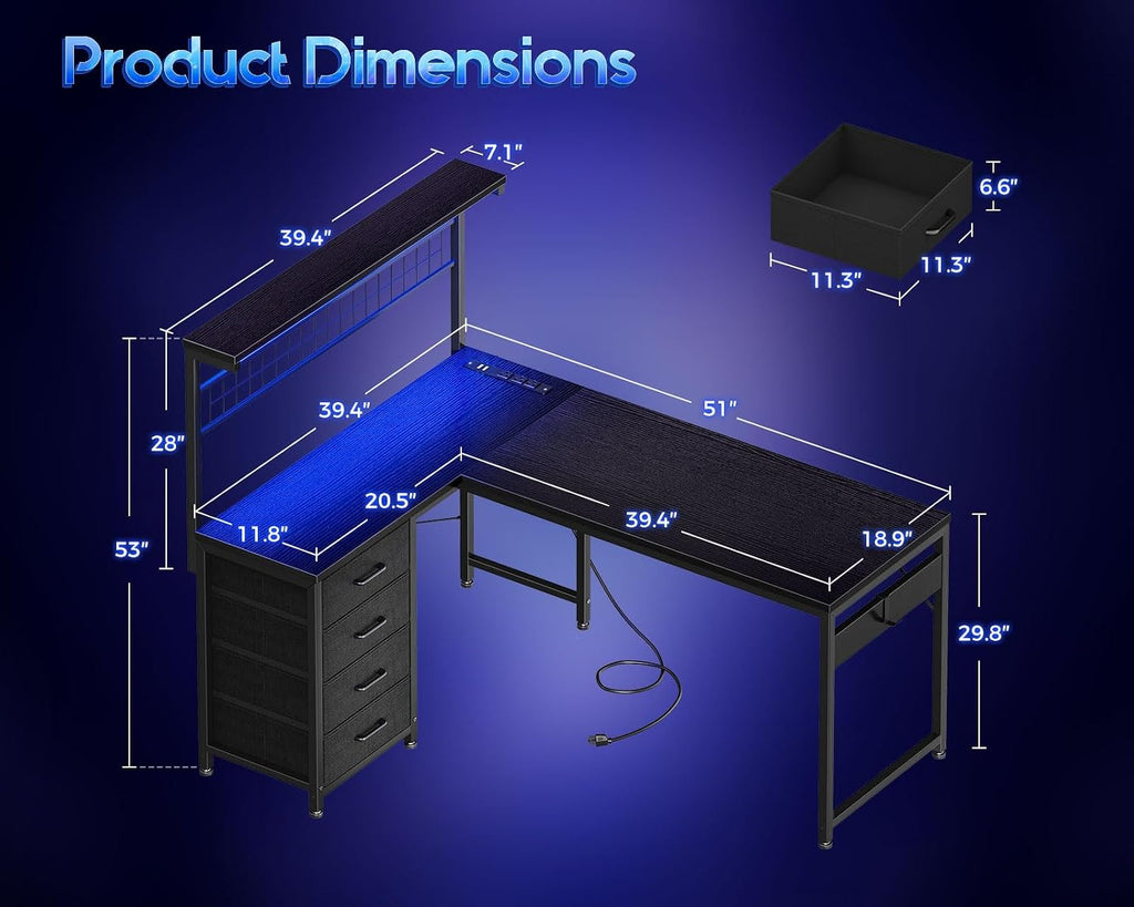 MOTPK 51' Large L Shaped Gaming Desk, Corner Computer Table with Shelf & Hutch, 4 Drawers, Reversible Study Desk with LED Light, Power Outlets & USB Ports, Home Office Table, Black