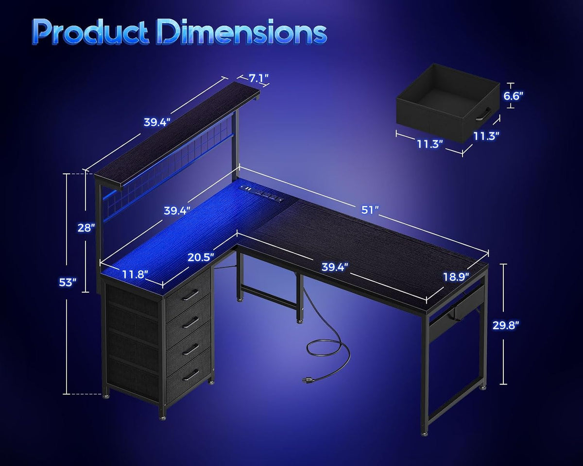 MOTPK 51' Large L Shaped Gaming Desk, Corner Computer Table with Shelf & Hutch, 4 Drawers, Reversible Study Desk with LED Light, Power Outlets & USB Ports, Home Office Table, Black