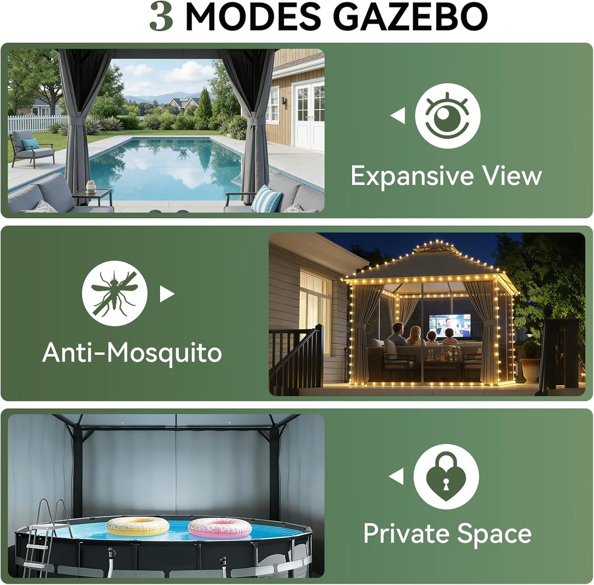 Aoxun 10x10 Outdoor Gazebo for Patio, Metal Frame Canopy Gazebo Double Roof Heavy Duty Backyard Gazebo with Mosquito Netting & Privacy Screen, Patio Shelter for Garden Lawn Deck (Grey)