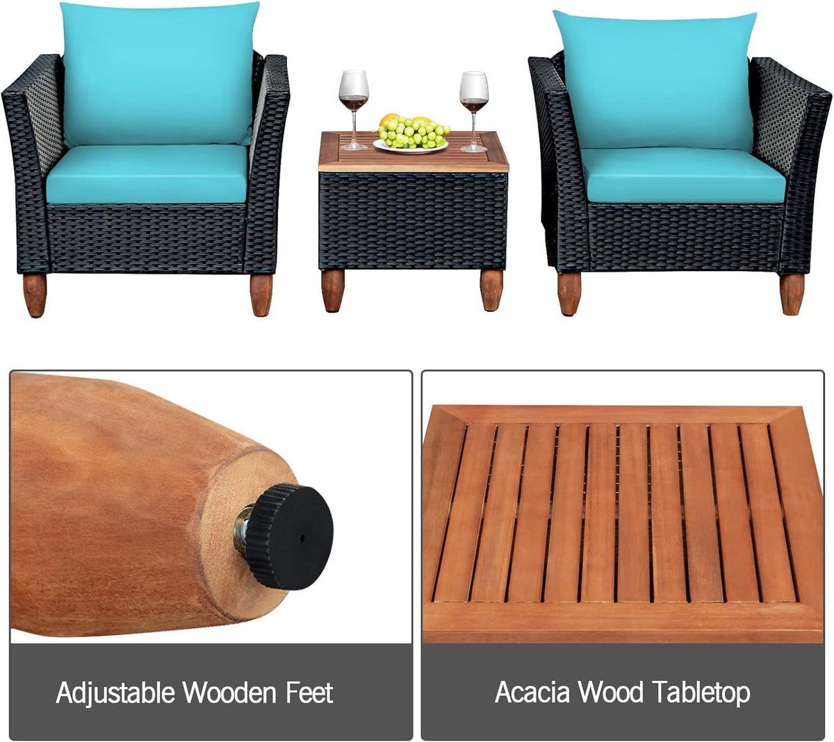 LDAILY Patio 3 Pieces Patio Furniture Set, PE Rattan Outdoor Wicker Sofa Chair with Washable Cushion & Wood Storage Table, Patio Conversation Set for Porch, Yard, Garden (Turquoise)