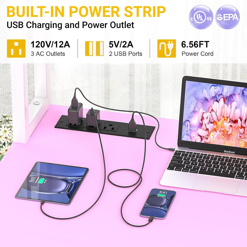 Aheaplus L Shaped Desk with Power Outlet, L Shaped Gaming Desk with Led Light & Hutch, Reversible Home Office Desk, Corner Computer Desk with Monitor Stand & Storage Shelves, Pink