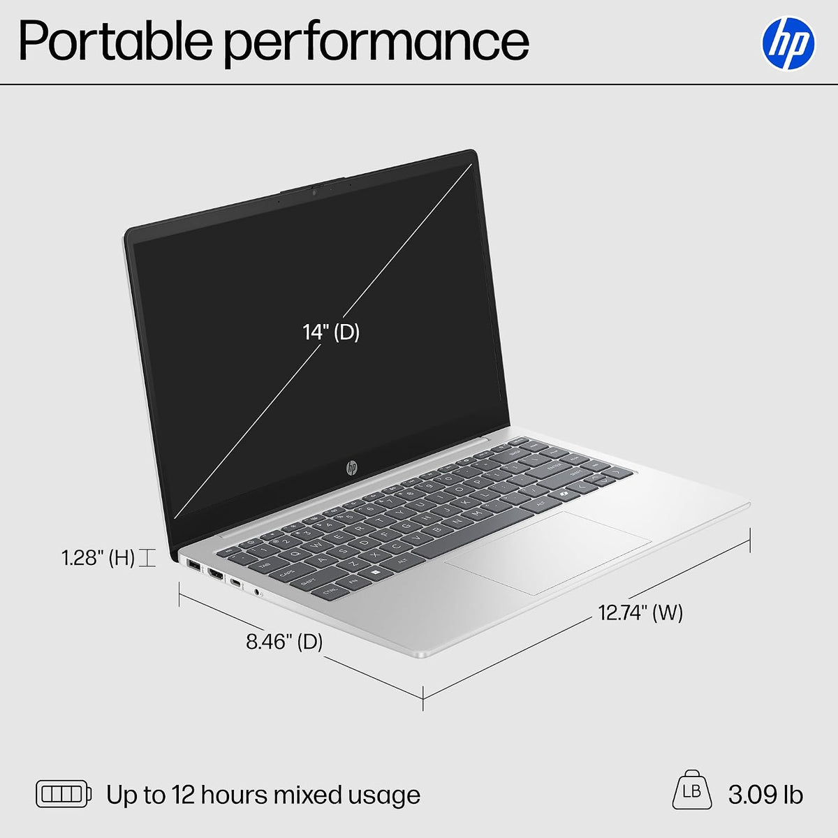 HP 14 inch Laptop, HD Touchscreen Display, AMD Ryzen 5 7520U, 8 GB RAM, 512 GB SSD, AMD Radeon Graphics, Windows 11 Home, Natural Silver, 14-em0499nr