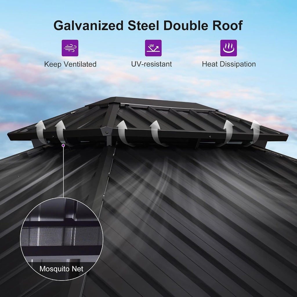 PURPLE LEAF 8' X 10' Hardtop Gazebo Outdoor Wood Grain Aluminum Frame Galvanized Steel Double Roof Gazebos with Netting and Curtains for Patio Deck Backyard Garden