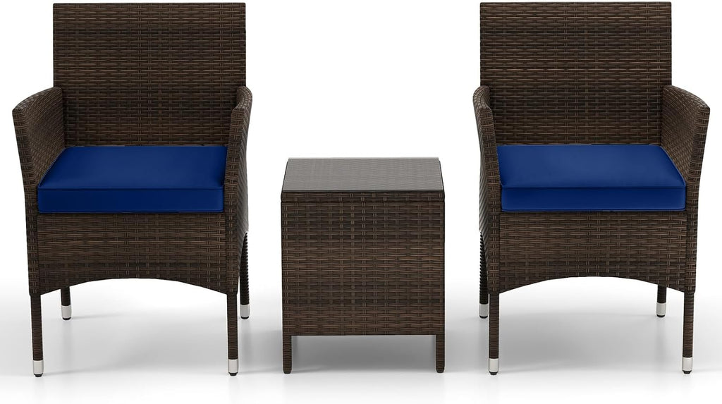 KOTEK 3 Piece Patio Furniture Set, Outdoor Wicker Patio Chairs with Soft Cushions & Tempered Glass Top Table, PE Rattan Bistro Set for Porch, Garden, Balcony (Navy)
