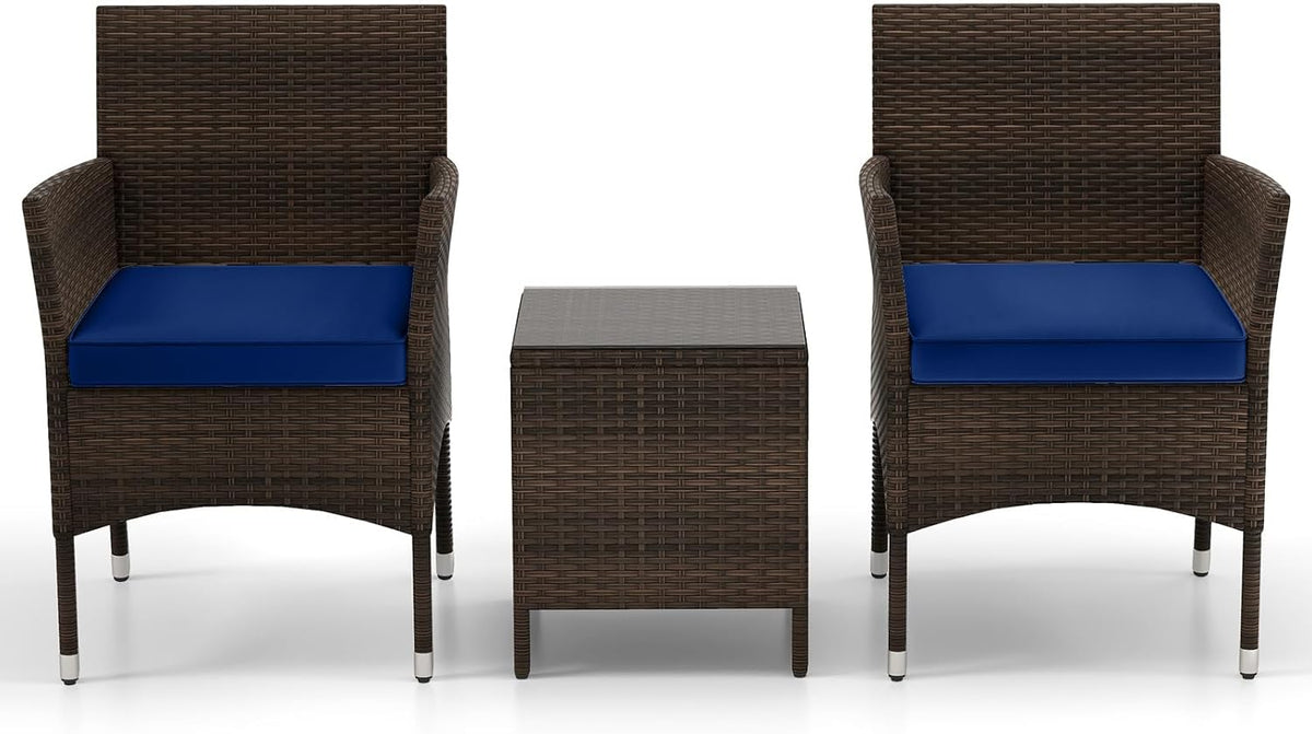 KOTEK 3 Piece Patio Furniture Set, Outdoor Wicker Patio Chairs with Soft Cushions & Tempered Glass Top Table, PE Rattan Bistro Set for Porch, Garden, Balcony (Navy)