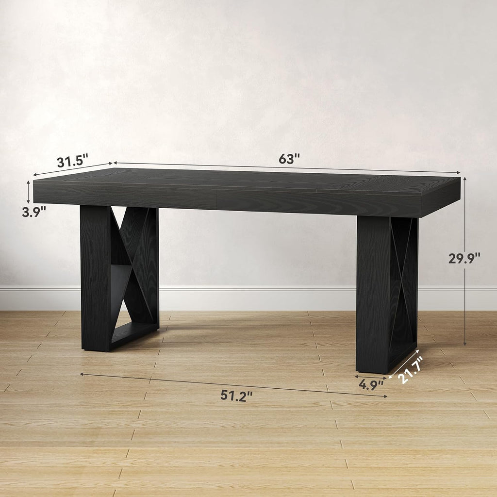 LITTLE TREE 63-Inch Long Computer Desk, Simple Wood Thick Appearance Design, Study Writing Gaming Work Executive Desk for Home Office, Black
