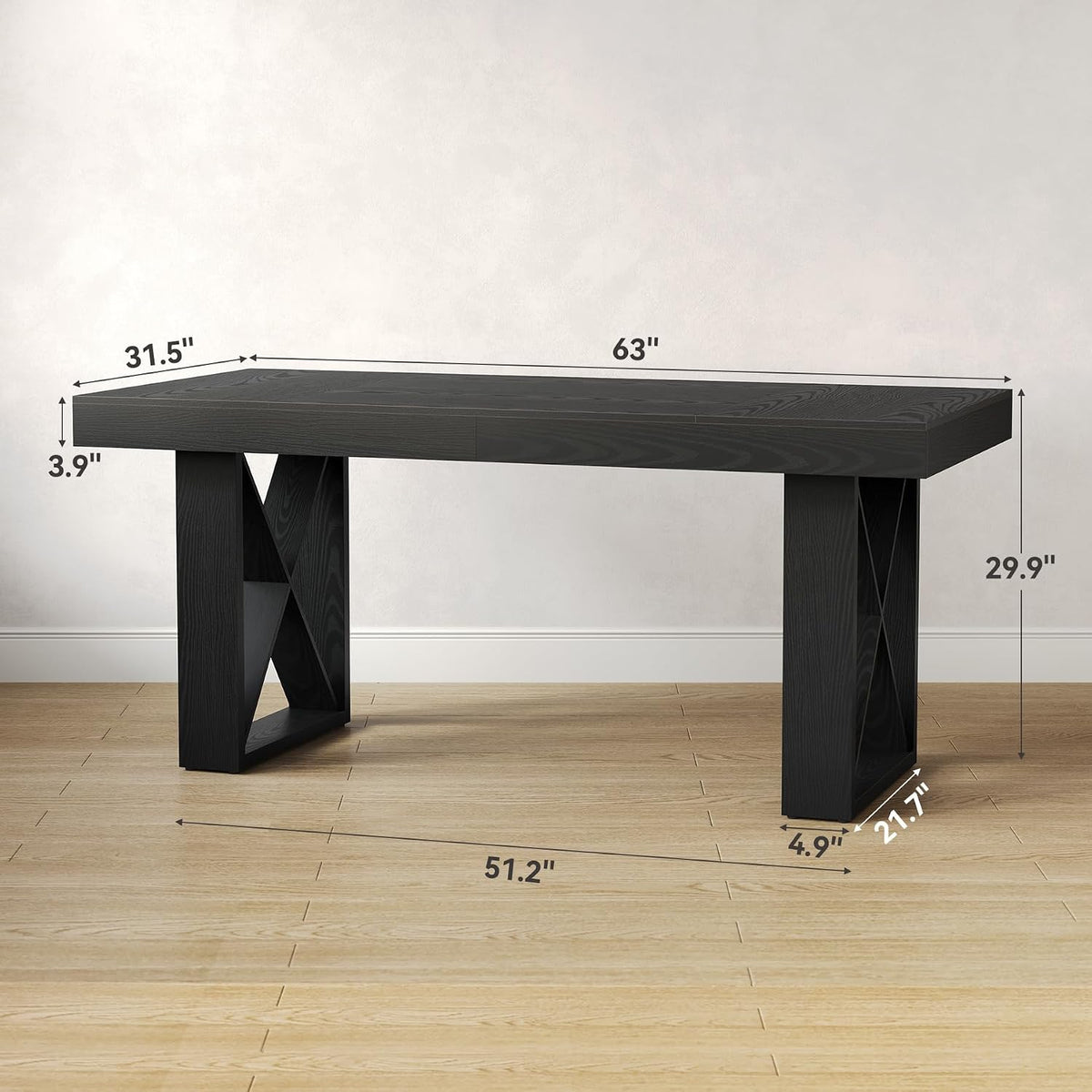 LITTLE TREE 63-Inch Long Computer Desk, Simple Wood Thick Appearance Design, Study Writing Gaming Work Executive Desk for Home Office, Black