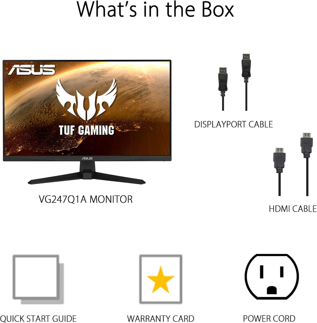 ASUS TUF Gaming 24' 1080P Monitor (VG247Q1A) - Full HD, 165Hz (Supports 144Hz), 1ms, Extreme Low Motion Blur, Adaptive-sync, FreeSync Premium, Shadow Boost, Speakers, Eye Care, HDMI, DisplayPort