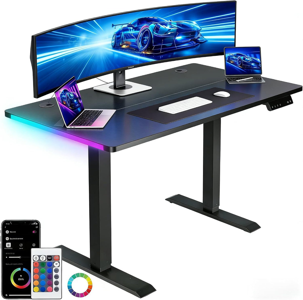 GTPLAYER Electric Standing Desk, Height Adjustable Gaming Desk - Computer Desk with LED Lights, Mouse Pad, Home Office Desk, Pure Black