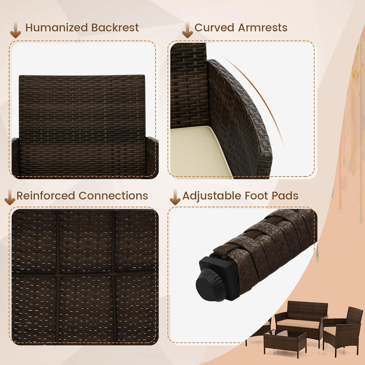 HAPPYGRILL 8 Pieces Outdoor Rattan Conversation Set, Patio Wicker Furniture Set with Loveseat Chairs & Tempered Glass Coffee Table, Outside Sectional Sofa Set for Backyard, Garden & Poolside