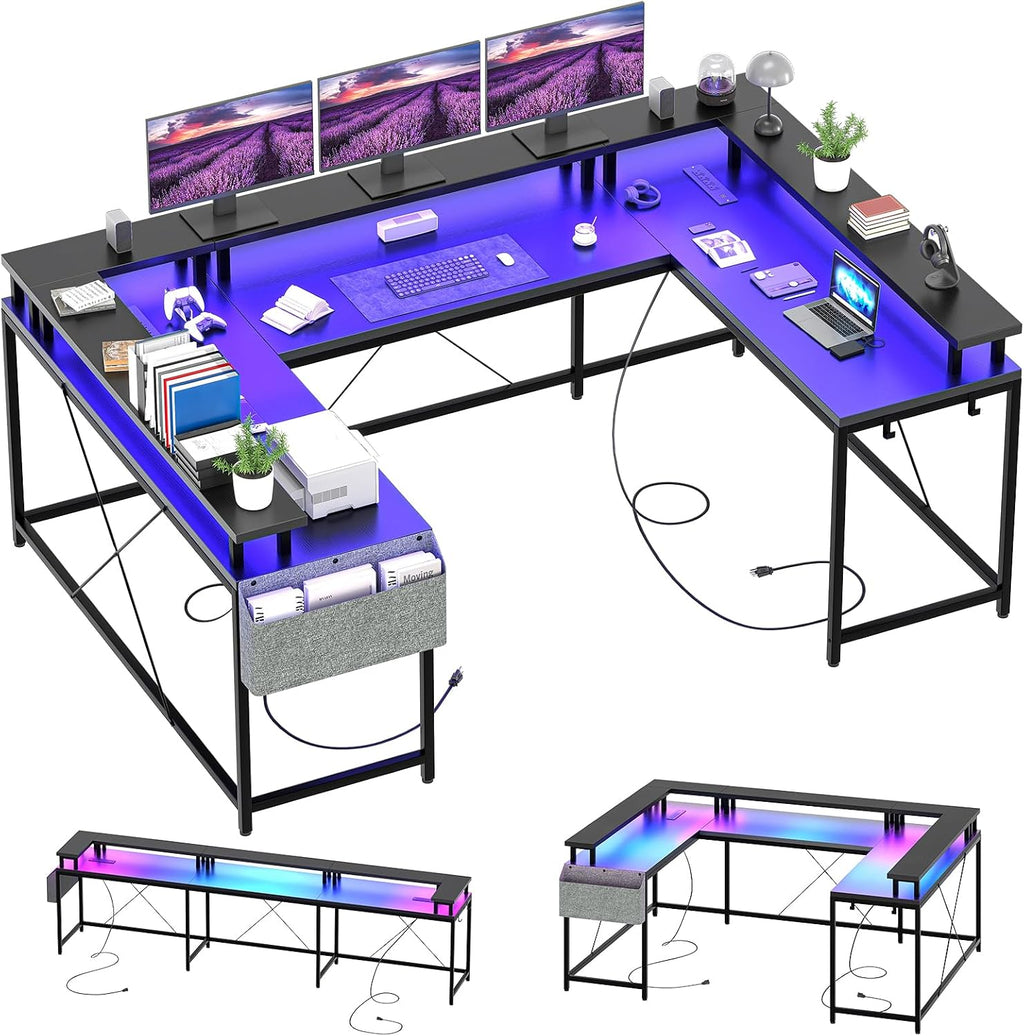 Jojoka U Shaped Computer Gaming Desk, Reversible L Shaped Desk with Power Outlets, LED Strip & Monitor Stand, Large Corner Desk with Storage Shelves for Home Office, Black