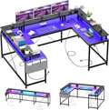 Jojoka U Shaped Computer Gaming Desk, Reversible L Shaped Desk with Power Outlets, LED Strip & Monitor Stand, Large Corner Desk with Storage Shelves for Home Office, Black
