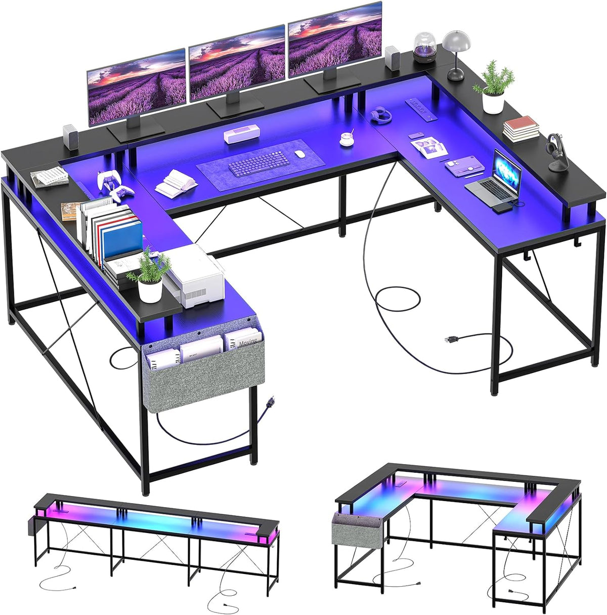 GAOMON U Shaped Desk, 79' U Shaped Gaming Desk with Monitor Stand and LED Lights, Reversible Long Shaped Large Computer Desk with Power Outlets, Large Corner Office Desk with Storage Bag and Hooks