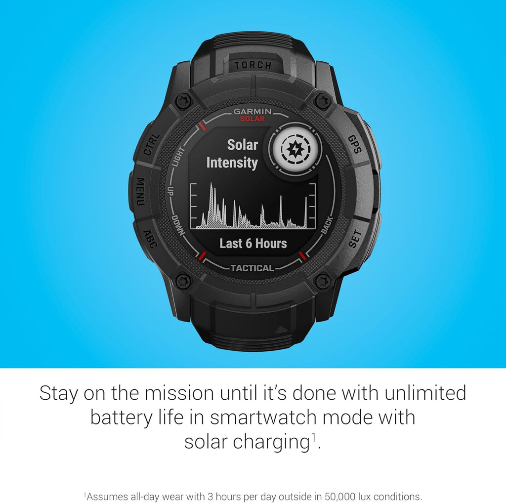 Garmin Instinct 2X Solar - Tactical Edition, Rugged GPS Smartwatch, Built-in Flashlight, Ballistics Calculator, Solar Charging Capability, Black