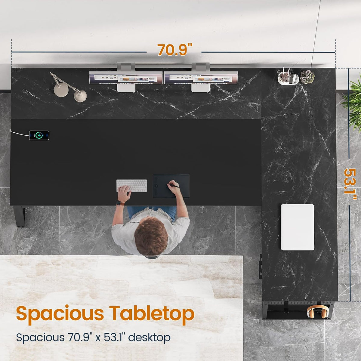 71 in Executive Desk with Power Outlets, Reversible L Shaped Desk with File Drawers & Storage Shelves, Large Office Desk Computer Desk with Pegboard, Mobile CPU Stand, Modern Corner Desk (Black)