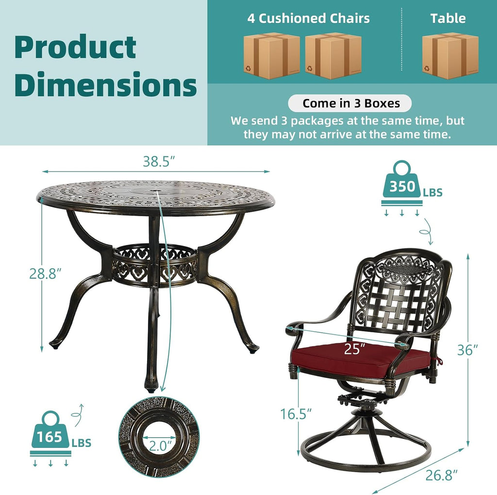 MEETWARM 5-Piece Outdoor Patio Dining Set, All-Weather Cast Aluminum Patio Conversation Set with 4 Cushions Swivel Rocker Chairs for Backyard Garden Deck and 38.5' Round Table, Chili Red