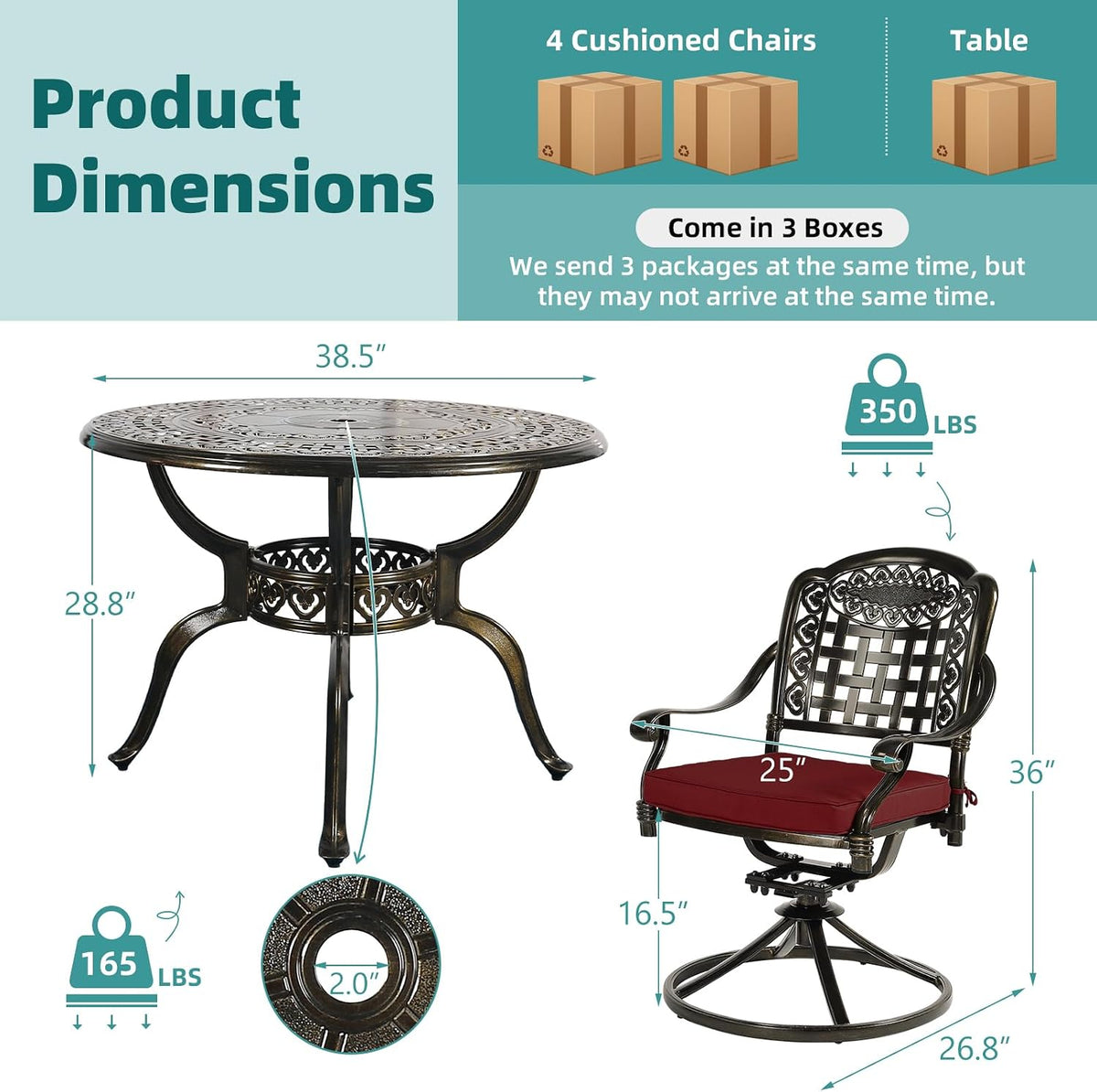 MEETWARM 5-Piece Outdoor Patio Dining Set, All-Weather Cast Aluminum Patio Conversation Set with 4 Cushions Swivel Rocker Chairs for Backyard Garden Deck and 38.5' Round Table, Chili Red