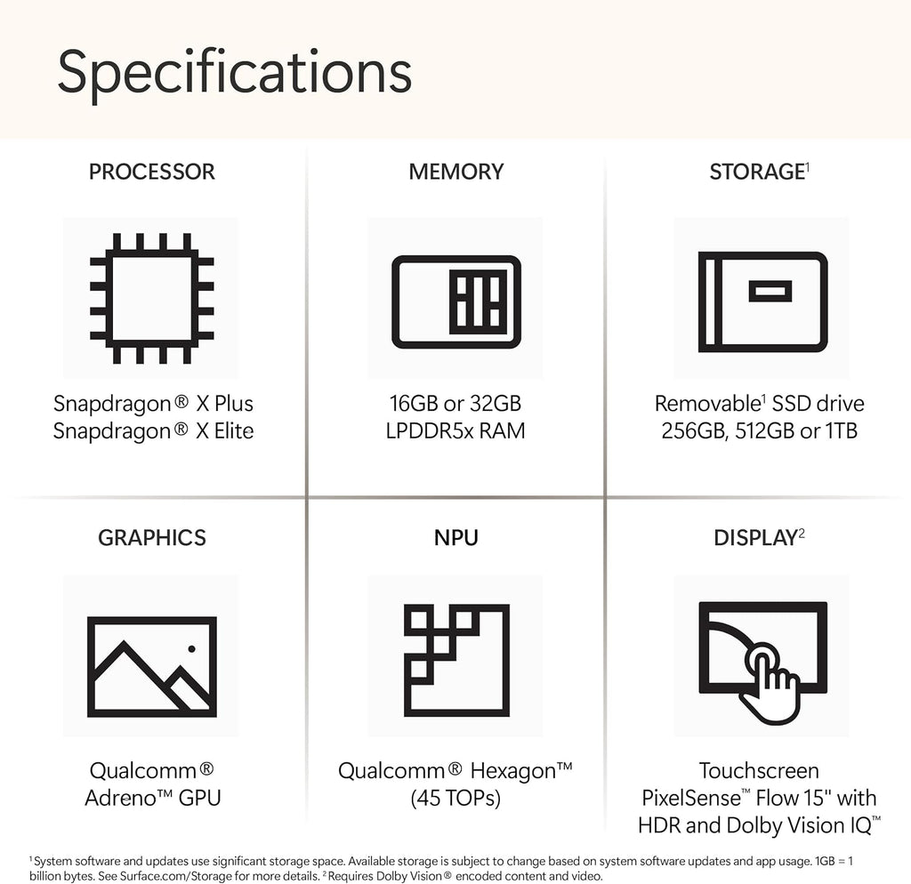 Microsoft Surface Laptop (2024), Windows 11 Copilot+ PC, 15' Touchscreen Display, Snapdragon X Elite (12 core), 16GB RAM, 1TB SSD Storage, Platinum