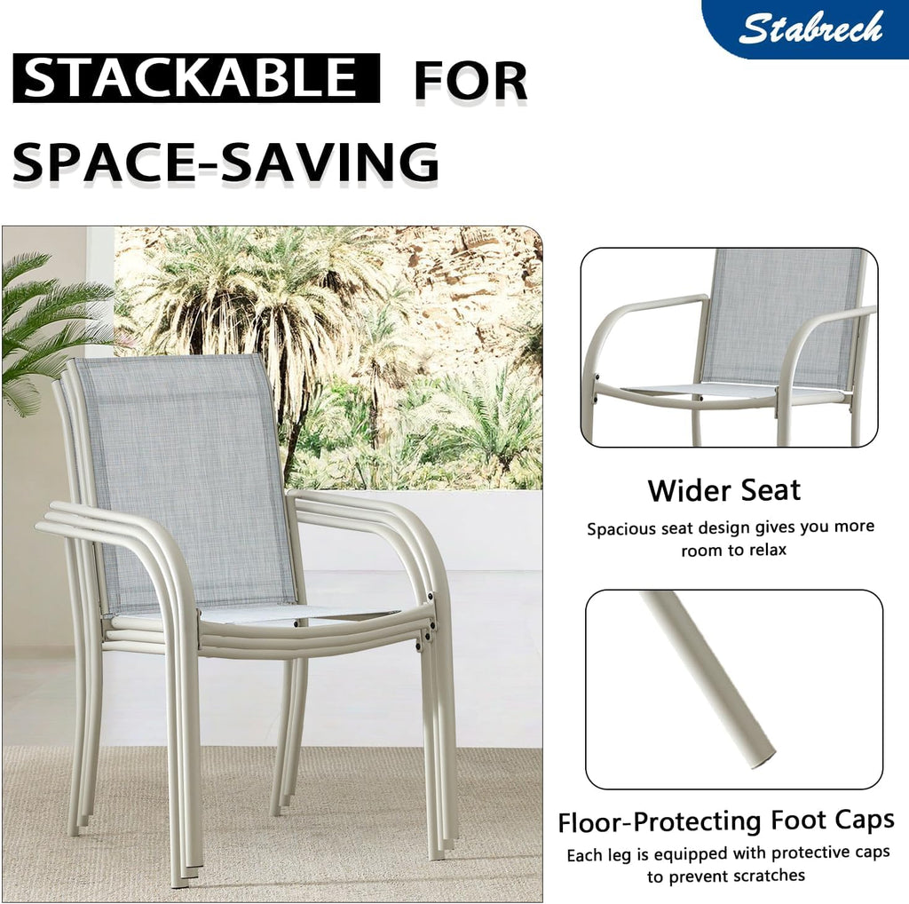 5 Pieces Patio Dining Set for 4, Beige Blue Patio Stackable Chairs and Honey Oak Round Table Set of 4, Outdoor Furniture Set with Sling Support for Outside, Garden