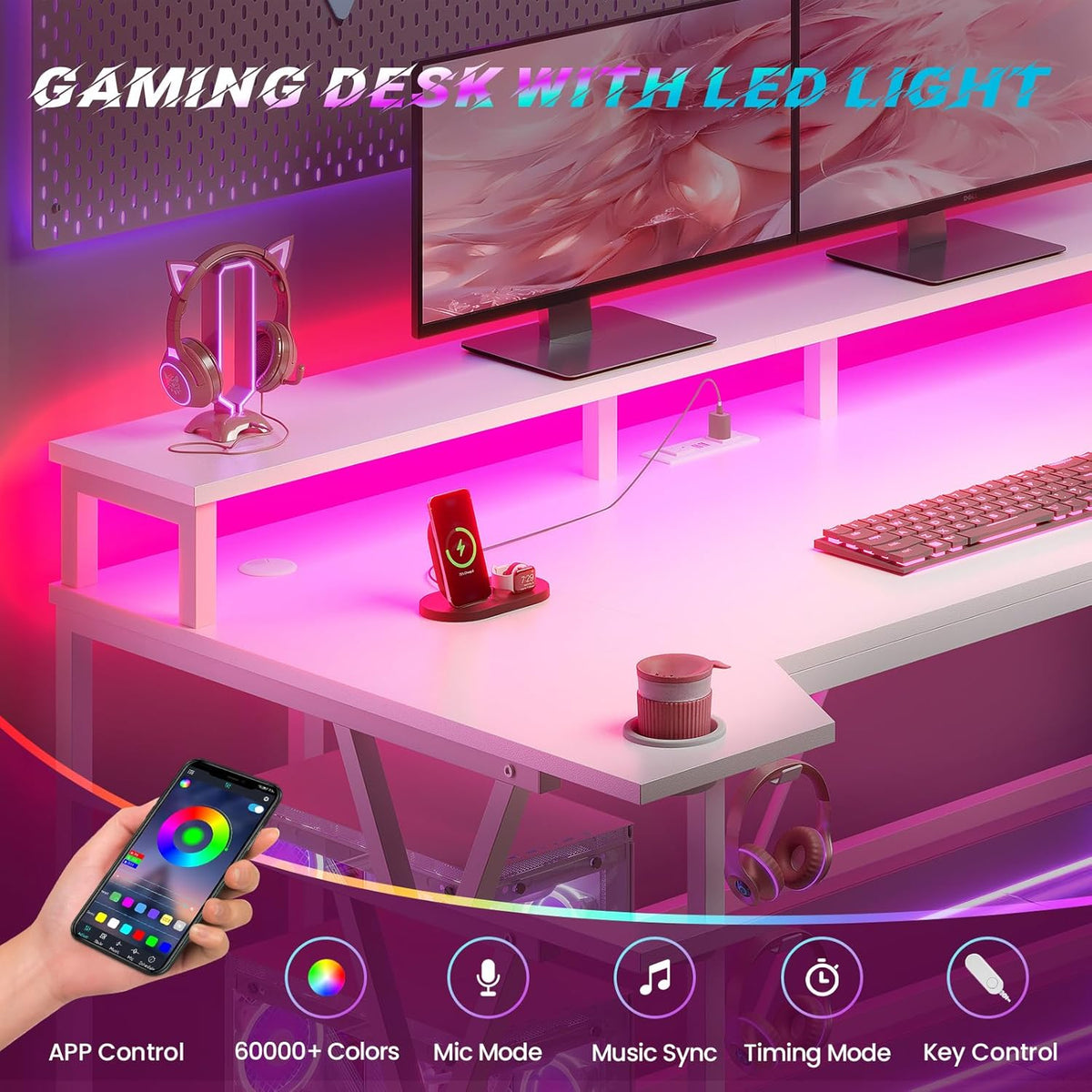 SEDETA White Gaming Desk 70.8'' with LED Lights and Storage Shelves, Computer Desk with Monitor Stand, Power Outlets and Cup Holder, Large PC Gamer Desk, Gaming Table for Bedroom, Living Room