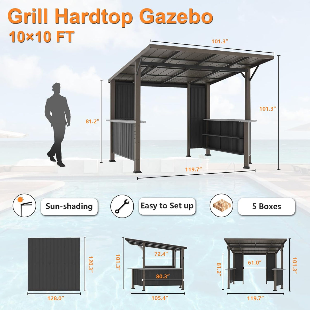 ALAULM 10'x 10' Hardtop Grill Gazebo, Outdoor BBQ Gazebo with Storage Shelves and Expansion Platform, Permanent Galvanized Steel Lean to Canopy with Grey-Black Metal Privacy Screen for Patio