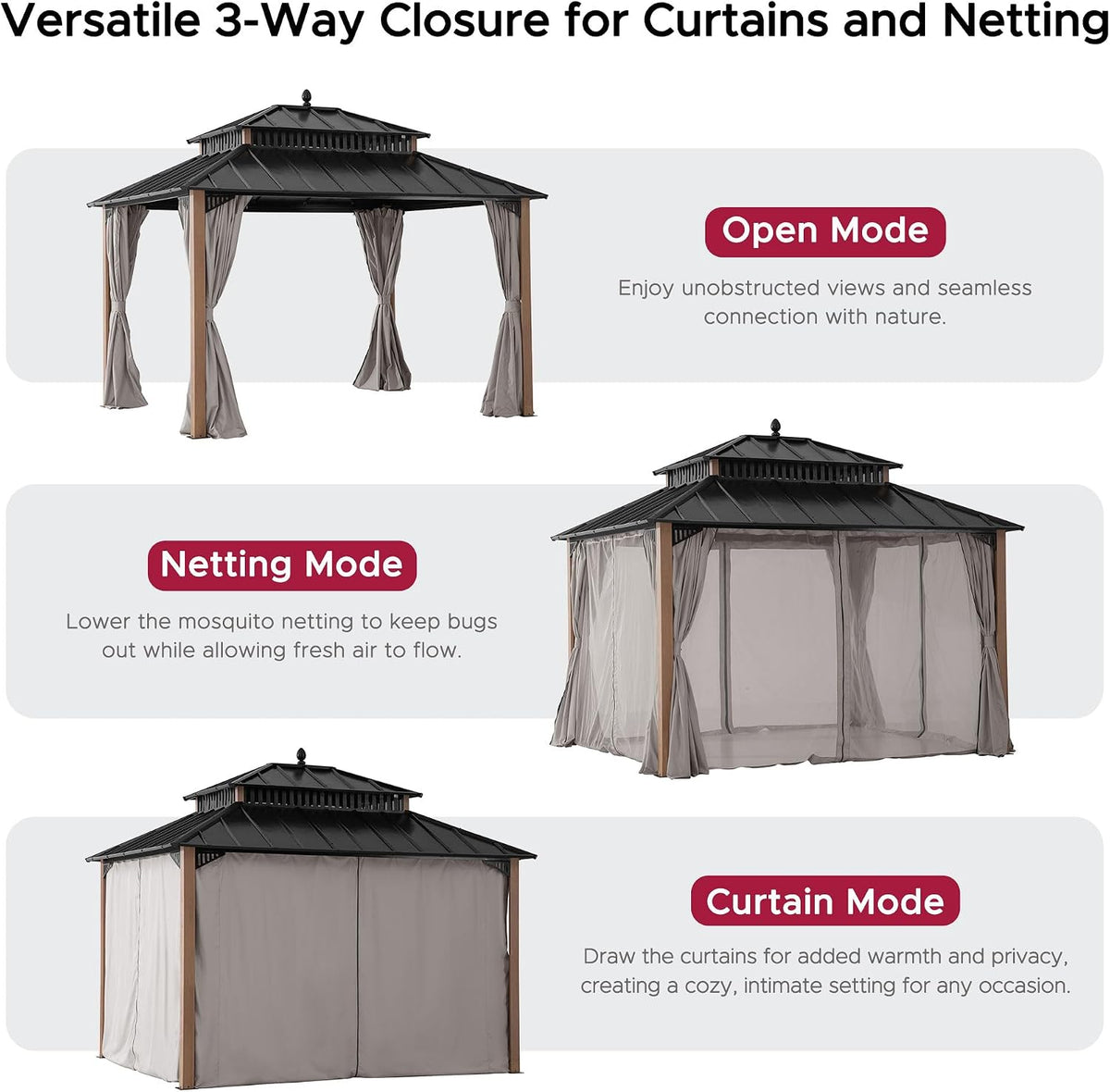 SUNJOY Kingston 12' x 10' Hardtop Gazebo with Galvanized Steel Double Roof, Curtain and Netting, Woodgrain Finish Aluminum Posts Permanent Pavilion Gazebo for Garden, Patio, Deck, Lawn